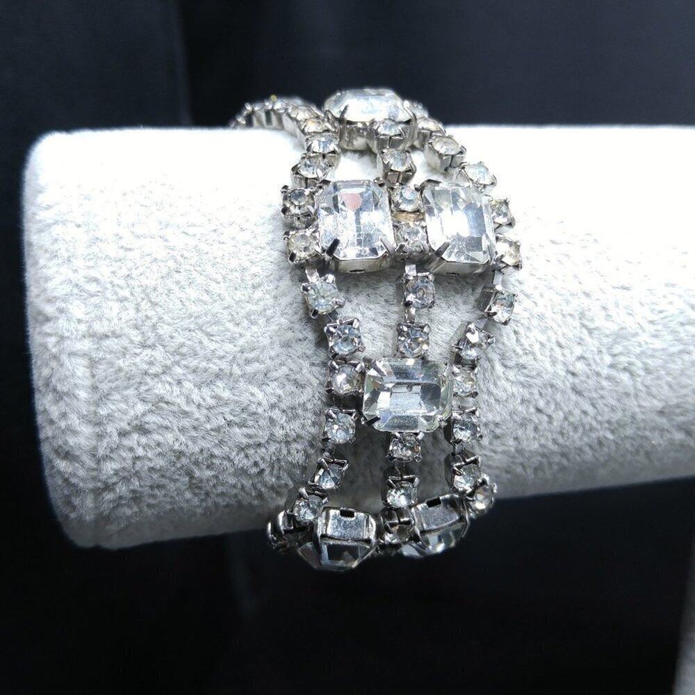 Vintage Clear Rhinestone Bracelet, Silver Tone,  1950s Wedding Bridal Jewelry